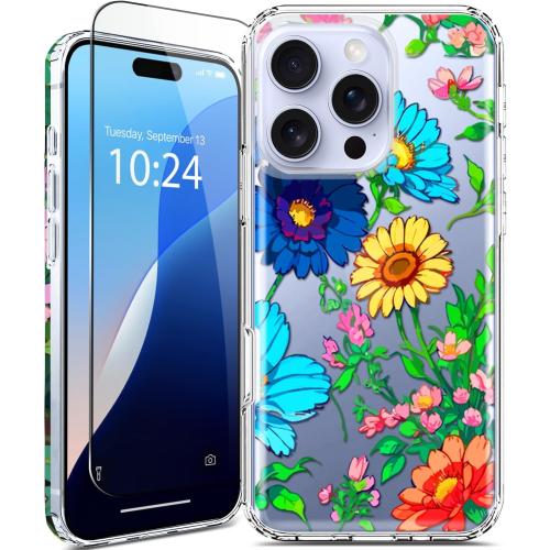 Coolwee for iPhone 16 Pro Max Case for Women, Cute for Girls, 10ft Military Grade Protective Cover Slim Soft TPU Bumper for iPhone 16 ProMax Case Clear Sunflower Floral