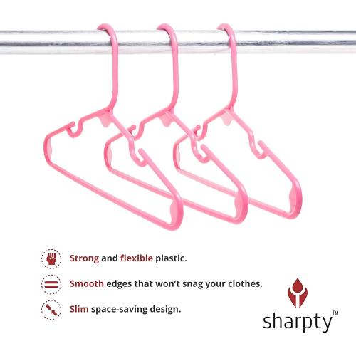 Sharpty Kids Plastic Hangers, Children's Hangers for Baby, Toddler, and Child Clothes - Everyday Standard Use - Ideal for Boys and Girls Closet, Clothing, Pants, Coats, and More - Pink, 60 Pack
