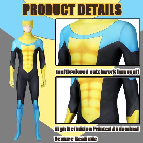 Invincible Cosplay Costume Mark Cosplay One-piece Skinny with Head Covering Blue Bodysuit Set for Men