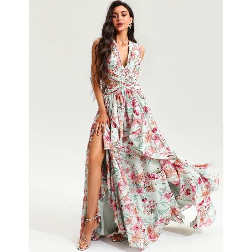 Size M Tsukko Maxi Flora Vacation Dress Sleeveless Backless Ruffle Pleated for Women Cutout Chiffon