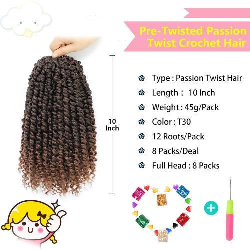 Fulcrum Passion Twist Hair 10 Inch, 8 Packs Passion Twist Crochet Hair for Black Women, Prelooped Crochet Twist Hair with Curly Ends (10Inch, T30#)
