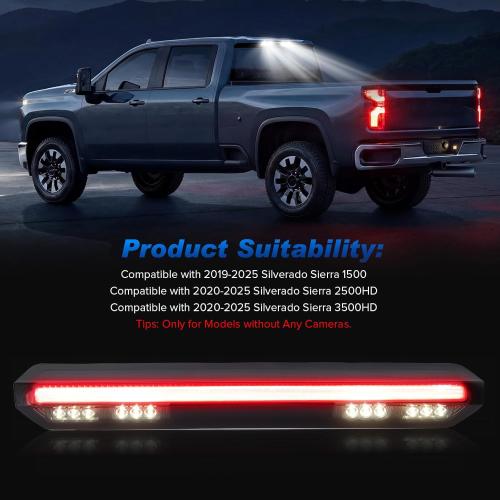 LED Third Brake Light for 2019-2025 Silverado Sierra 1500 2500HD 3500HD | Only for Models without Any Cargo Bed Camera | 3rd Brake Light | Rear Brake Cargo Light | Smoked Len