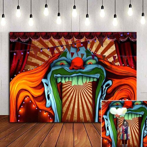 Scary Giant Clown Photography Backdrop Red White Stripe Carnival Photo Background Photo Booth Studio Props Supplies Horror Circus Haunted House 7x5ft Vinyl Halloween Party Banner Decorations