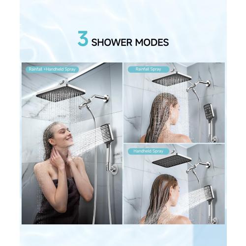 High Pressure Rain Shower Head with Handheld Spray Combo Set, Adjustable 12 Rainfall Dual Shower Head, Double&Tandem Shower Head, Waterfall Showerhead Bathroom -Silver Chrome