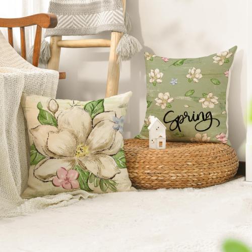AVOIN colorlife Spring Mangnolia Green Throw Pillow Covers, 18 x 18 Inch Hello Sunshine Vases Cushion Case Decoration for Sofa Couch Set of 4