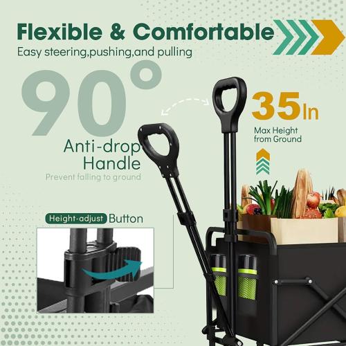 Collapsible Wagon with Wheels, 370lbs Weight Capacity Foldable Beach Wagon with Flexible Handle Portable Utility Wagon Cart for Outdoor, Grocery, Garden, Camping