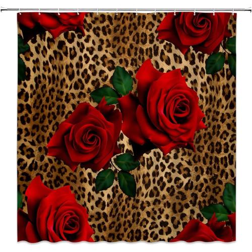 Leopard Flower Shower Curtain Red Rose Floral Valentines Wild Animal Print Mix Skin Pattern Creative Modern Woman Fabric Bathroom Decor Set with Hooks（70 WX70 H）