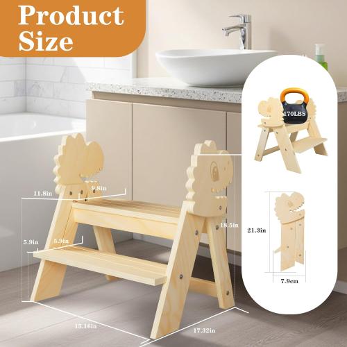 Wooden Toddler Step Stool, 2-Step Foldable Stool for Kids with Non-Slip Surface, Baby Bathroom Stool for Potty Training, Bathroom Sink, Kitchen Counter with Cute Dinosaur Design, Natural