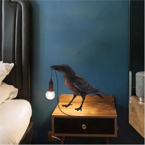 Gothic Raven Table Lamp with E14 Base - Lifelike Crow Bird Desk Light for Bedroom, Bedside & Home Decor - Animal Styling Resin Gothic Lamp (Black)