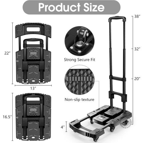 Folding Hand Truck 500lbs, Portable Heavy Duty Dolly Cart, 6 Wheels Collapsible Luggage Cart with 2 Elastic Ropes - Compact Trolley Cart for Easy Moving - Ideal Hand Cart for Travel and More