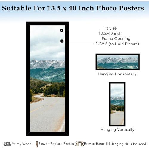 Wood 13.5x40 Picture Frame Black for Wall Hanging, 13.5 x 40 Frame Poster Photo Frame for Wall Horizontally or Vertically, Black, 1 Pack