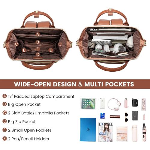 LOVEVOOK Leather Backpack for Women,17 inch Leather Laptop Backpack Women,Professional Work Backpack Nurse College Teacher Bag,Womens Laptop Tote Bag Computer Travel Backpack Purse,Beige White-Brown