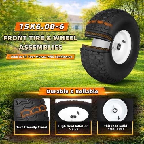 (2-Pack) 15x6.00-6nhs Lawn Mower Tires and Wheel for Riding Lawn Mower Front Tires,15x6-6 Front Tire Assembly Replacement,3/4 Bearing, 3 Centered Hub, 4 Ply Pneumatic