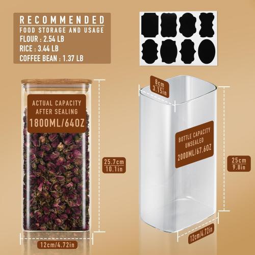 64oz Rectangle Airtight Glass Storage Containers with Bamboo Lids (Set of 4), Square Food Storage Jar, Pantry Organizers for Cereal, Flour, Pasta and Coffee beans (with Black Lable)