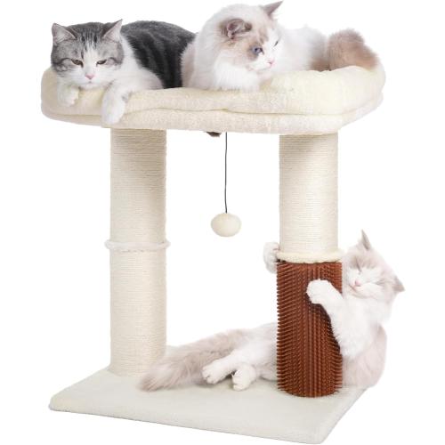 Cat Tree Tower for Large Cats Cat Scratching Post with Cat Self Groomer, 20x15.7” Wide Top Bed, Thick Scratch Post [Dia=4.5”] and Danging Ball Great for Indoor Cats-Large Beige