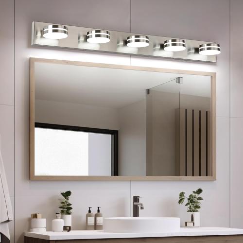 Bicrink Brushed Nickel Bathroom Light Fixtures Over Mirror, 5-Light Bathroom Vanity Light, LED Dimmable Bath Lights, Modern Wall Mounted Lighting Fixture with Rotating Lamp Head