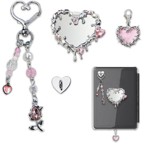 Cute Charms Set for Kindle,Including Y2k Style Heart Grip Holder, Pink Heart Charm, Charm Chain Keychains for E-Reader Phone Accessories