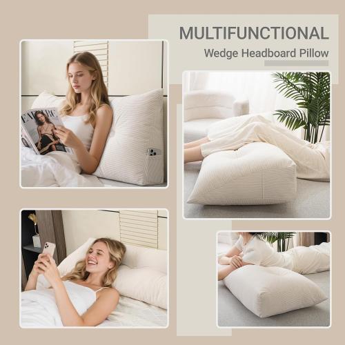White Headboard Pillow Bed Wedge Pillow for Headboard with Side Pocket Dorm Headboard Long Back Pillow for Bed Bolster Pillow for Mattress Gap Filler White Reading Pillow for Bedroom Sofa Daybed