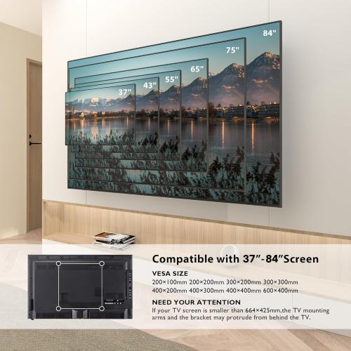 BONTEC Full Motion TV Wall Mount for 37-84 Inch TVs, Hold up to 132lbs, Max VESA 600x400mm, Swivel Tilt Dual Arms, Adjustable Viewing Angle, Fits 16 Wood Studs, Easy Assembly