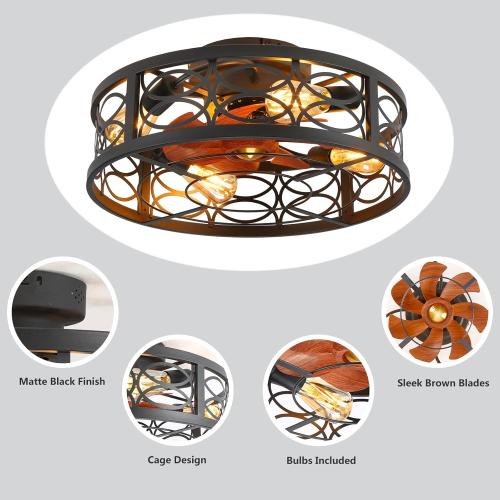20 Caged Ceiling Fan with Light and Remote，Bladeless Ceiling Fan 6 Speed Reversible with 4 Bulbs and Remote Control.Low Profile Ceiling Fans with Lights for Bedroom, Dining Room