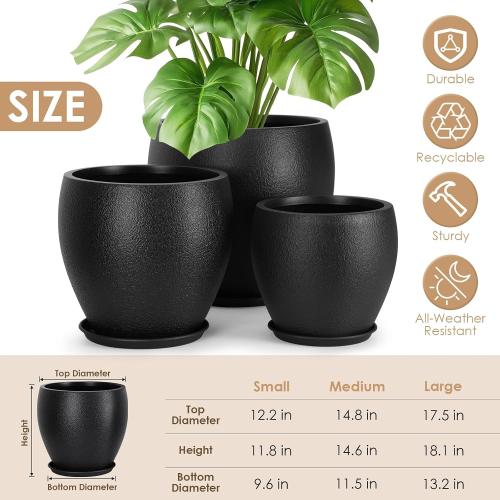 YNNICO Plant Pots Flower Pots with Drainage Holes, Large Planters for Indoor Outdoor Garden Plants and Flowers. (Black)