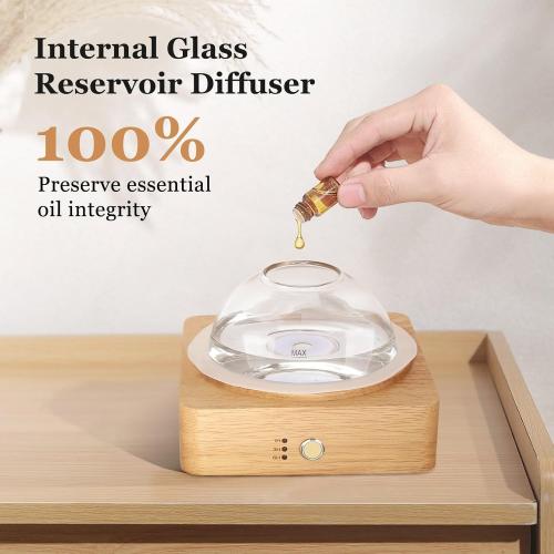 Light Brown Wood and Glass Essential Oil Diffuser with Glass Reservoir & Wood Base, 200ml Ultrasonic Lock Color Timer Auto-Off 7 Color Light Aroma Glass Dome Diffuser for Home Office Bedroom Yoga