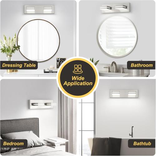 Size L14.5 x W4.7 x H5.9 OKELI 2-Light Bathroom Vanity Light Fixture Brushed Nickel Modern Mirror Front Lamp for Bathroom, Stairs, Hallway Bedside Dimmable Cold White 24W ETL Listed, 350° Adjustable Lamp Head