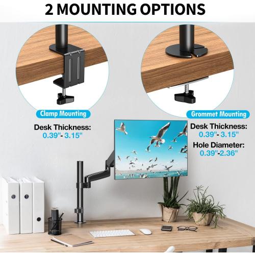 MOUNTUP Monitor Arm, Full Motion Gas Spring Single Monitor Stand, Height Adjustable Desk Mount with C Clamp/Grommet Base, VESA Mount Fits 17 to 32 Inch LCD Screens