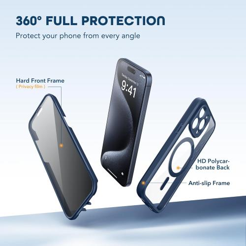 for iPhone 15 Pro Max Case, Compatible with MagSafe, Built-in Privacy Screen Protector and Camera Protection, Anti Spy Full Body Dustproof Shockproof Hard Phone Case 6.7, Dark Blue