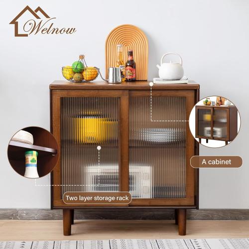 Welnow Buffet Cabinet, Bamboo Sideboard with Storage Kitchen Display Cabinet with 2-Tier Shelves Boho Coffee Bar Tables for Kitchen, Living Room, Entryway, Office, Walnut | 32.7H, 2-Tier Storage,Coffee Bar Cabinet with Fluted Glass Doors, Sideboard Cabinet for Kitchen, Living Room, Entryway