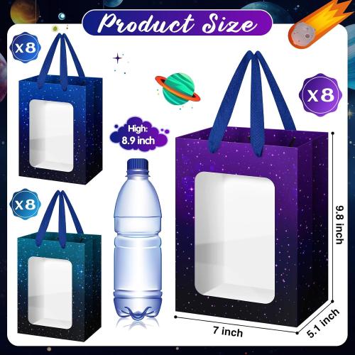 24 Pcs Space Party Favor Bags for Kids, Galaxy Birthday Goodie Bags with Window Treat Candy Bag for Space Stars Themed Birthday Decorations Supplies (Starry Sky)