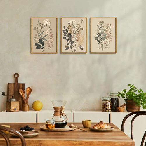 Vintage 3 Piece Floral Canvas Wall Art Framed Wildflower Wall Decor | Neutral Farmhouse Botanical Wall Painting Modern Floral Art Prints For Living Room Bedroom Office 16x24inch
