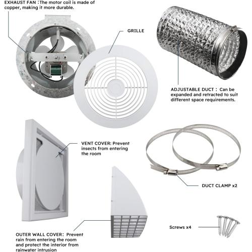 Quini 512M 6-inch Through Wall Exhaust Fan, 80 CFM 4.0 Sones, Bathroom Wall Exhaust Fan, Kitchen Ventilation Fan, 6-inch Diameter Vent, Retractable Duct
