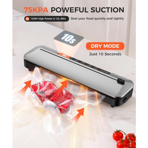 Vacuum Sealer Machine 75KPa Food with 6-in-1 Dry/Moist Modes & Digital Timer, Compact Lightweight Design, Built-in Cutter   10 Bags (Black Silver)