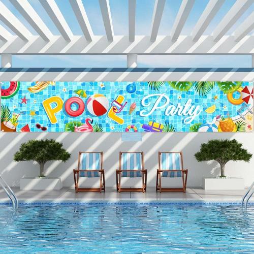 AIBIIN Pool Party Banner Summer Swimming Pool Yard Sign Decorations Splish Splash Summer Pool Decorations Hanging Outdoor Gate Decor Fence Banner Indoor Wall Decor 98x20inch