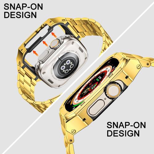 Stainless Steel Watch Band with Case Compatible with Apple Watch Ultra 3 2 1 band (49mm), Rugged Strap with Metal Protective Bumper Cover for iWatch Bands Men (Gold)