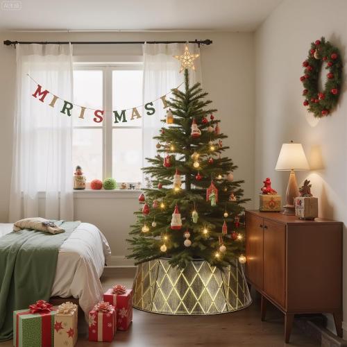 Lanpn Metal Christmas Tree Collar 24 inch, Christmas Tree Ring Collar for Small Mini Pencil Xmas Stand Cover Real Artificial Trees Indoor Outdoor Decoration (Gold, Diamond)