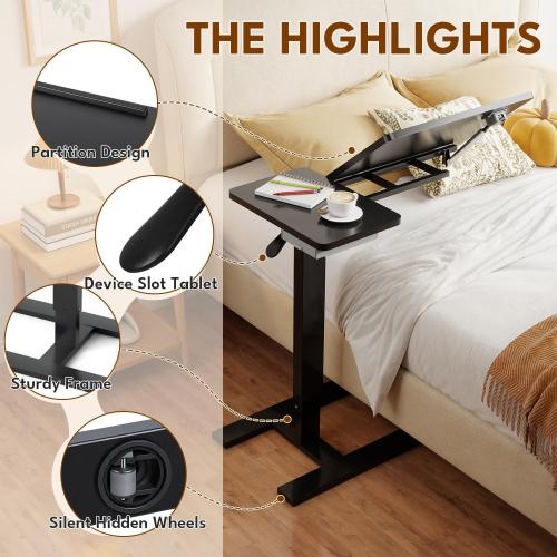 Big Big 32 W x 16 D Tilt Desktop Overbed Table with H-Shaped Sturdy Base, Stable Metal and 360° Concealed Casters, Moveable Bedside Desk for Home,Office,Hospital Use (Black)