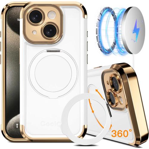 COOLQO for iPhone 14 Case 6.1'' Upgraded 360° Spin Magnetic Stand [Compatible with Magsafe][Military Grade Drop Protection] Shockproof Protective Phone Holder Cover for iPhone 14, White Gold