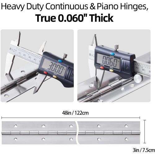 2 Pack Heavy Duty Piano Hinge 48 Inch x 3 Inch Continuous Hinge, 0.060'' Thick Stainless Steel Piano Hinge with Holes for Cabinet, Doors, DIY Wood Boxes Furniture, 3'' Open Width