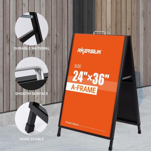 Heavy Duty A-Frame Sidewalks Signs 24×36 Inch，Sandwich Board Black Coated Steel Metal Portable Double-Sided，Slide-in Folding (24×36 Double Side （flat-pack）)