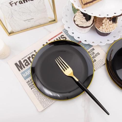 I00000 144Pcs Black and Gold Dessert Plate Set, Including 72Pcs Black and Gold Plastic Plates 7.5 and 72Pcs Disposable forks 8.5, Fancy Salad Plates with Gold Rim for Thanksgiving and Party