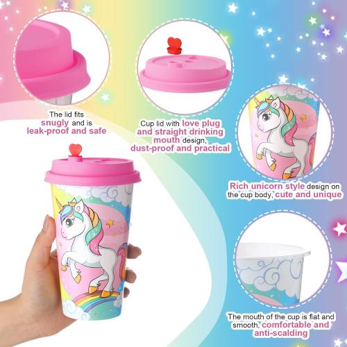 Maxcheck 36 Sets Unicorn Party Favors Goodie Cups with Lids and Straws for Birthday Decorations 36pcs 16oz Plastic Cups Reusable Plastic Straws for Birthday Party (Unicorn)
