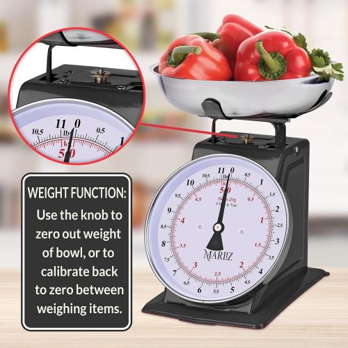 MARLIZ Kitchen Scale 11Lb/5Kg with 2 Bowls |Mechanical dial Scale| Vintage Kitchen Scale| Pesa para alimentos| bascula de cocina|Red|Bakers Scale
