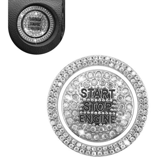 Crystal Rhinestone Car Engine Stop Decoration Ring Sticker, Sparkling Rhinestone Push Start Button Decorative Cover, Bling Interior Accessories for Women, Universal for Most Car (White)