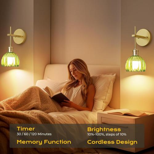 Battery Operated Wall Sconce with Green Tulip-Shaped Lampshades, Wireless Rechargeable Sconces Wall Decor Set of 2 with Remote Control, 12 RGB Colors & 3 CCT Settings (Green)