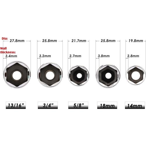 MIXPOWER 3/8-Inch Drive Spark Plug Socket Set, SAE & Metric, CR-V Steel Mirror finish, 6-Point, 5/8-Inch, 3/4-Inch, 13/16-Inch, 14mm, 18mm, 5-Piece Set