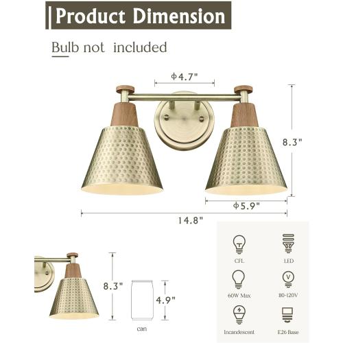 FEMILA 2 Light Bathroom Vanity Light Fixtures Over Mirror, Modern Brass Gold Bathroom Lighting Fixtures with Metal Shades, Woodgrain Finish, 4FG59B-2W BG-NW