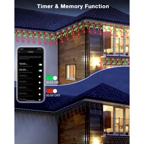 33FT Smart RGB Christmas Icicle Lights – APP Control LED String Lights for Outside, Music Sync, DIY Color Changing, 58  Modes, Connect 3 Strands (99FT) – Waterproof Icicle for Roof, Tree, House