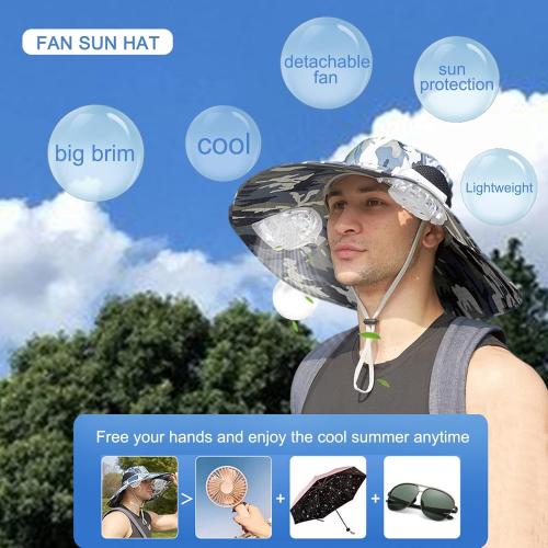 Mens Sun Hat with 2 Fan, Summer Cooling Wide Brim Bucket Hat, Beach Hat Garden Hat, Solar   USB Dual Power Supply